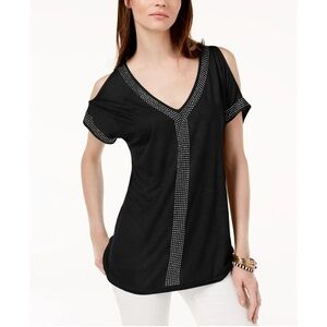 NWT INC International Concepts Black Cold Shoulder Blouse With Sliver Studs Sz S